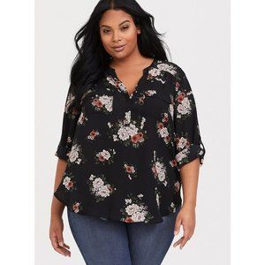 Torrid Womens 1X Black Floral Roll Tab Sleeves Harper Georgette Pullover Blouse